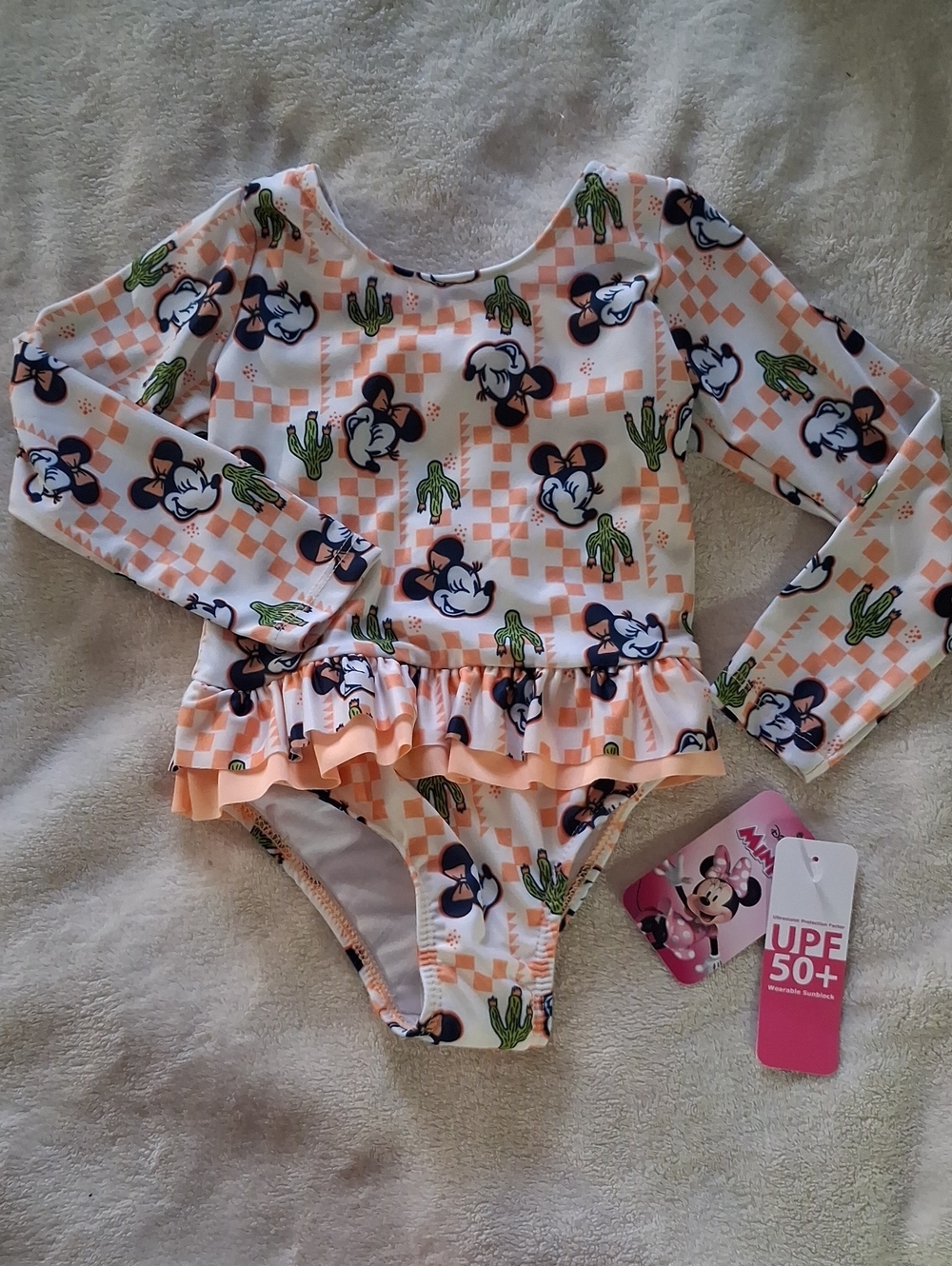 Disney Kids' Minnie Mouse Peach Long-Sleeve Ruffle Swimsuit NEW! MULTIPLE SIZES